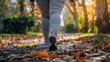 A overweight woman leg walking in park in order to get fit with a big space for text or product advertisement, Generative AI.
