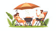 Husband doing barbecue grilling meat outdoors wife ly