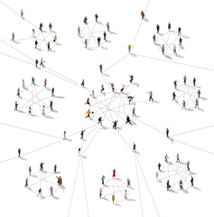 Aerial view of different people connected with lines isolated on white. Social media, business, online communication. Engagement and interconnectedness. Concept of innovations, internet