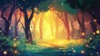 The fantasy forest glade cartoon modern illustration. Magic summer woodland meadow in jungle game scene. Sunny spot with soft bokeh light on the path in wildlife. Mystic nature wallpaper with trees