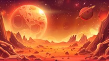 Fantasy World Landscape With Mountains And Rocklands, Deserts, Craters, Moon, Saturn, Stars; Orange Alien Space Planet Game Cartoon Background.