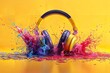 A headphone with colorful liquid color splashing against a yellow backdrop with a big space for text or product advertisement, Generative AI.
