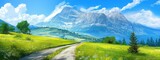 Fototapeta Dziecięca - rural countryside green grass pasture with country road nature landscape on sunny day, artful painting style illustration with grungy brush stroke texture, Generative Ai