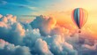 Vintage modern illustration of a 3d hot air balloon in the sky with clouds on a festive background. A banner for an adventure journey.