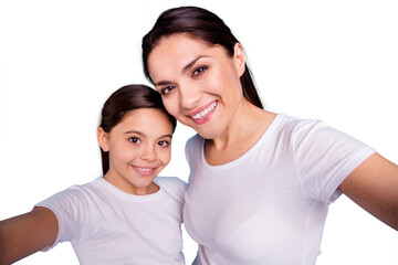 Canvas Print - Self-portrait of two nice-looking cute lovely sweet winsome attractive cheerful cheery people wearing white t-shirt isolated over blue pastel background