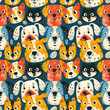 Colorful, abstract seamless pattern with a variety of playful dogs.