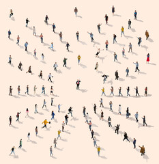 Wall Mural - Aerial view of people walking in direction of center where one individual standing and talking in megaphone. Leadership and guidance. Concept of business, social relations, communication