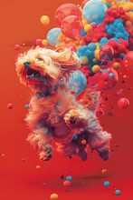Joyful Canine Leaping Amidst A Vibrant Balloon Kaleidoscope On A Crimson Background