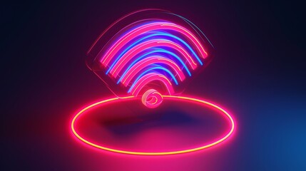 Wall Mural - A 3D WiFi icon in neon light. Abstract wireless wave sign glow icon. Sound scan echolocation line concept. Futuristic radial mobile phone spot disc. Concentric sonar antenna.