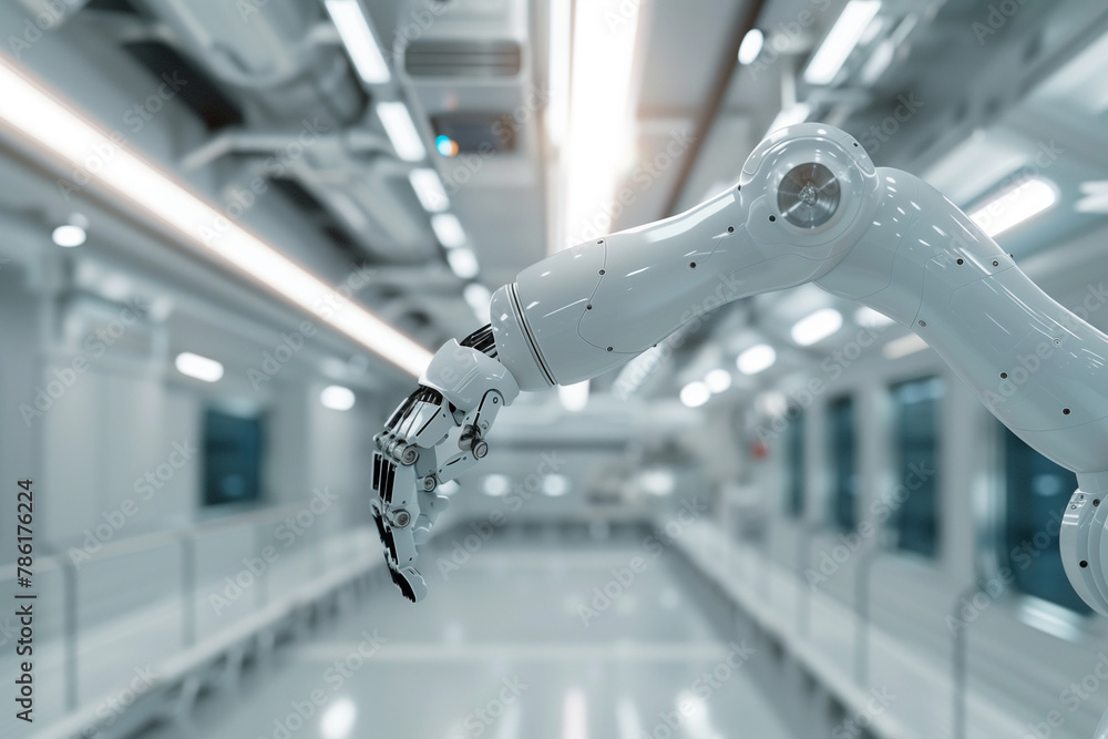 Futuristic photo of a robotic arm in an engineering facility, featuring ...
