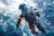 A man in a space suit is swimming in the ocean. The image has a sense of adventure and exploration, as the man is in a space suit, which is typically associated with space travel