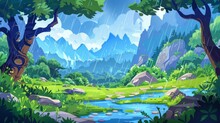 A Wet Day In A Mountainous Forest. Modern Cartoon Illustration Of Rain Pouring From A Gloomy Cloudy Sky. Wet Grass Puddles In A Rainy Day. Travel Game Background.