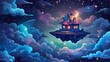 Cartoon illustration of a fairytale cottage floating on a magic island surrounded by stars and fluffy clouds in the night sky. Game level level platform for a tale of a magical house.