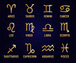 Astrological signs of the zodiac. Zodiac gold signs Aries, Taurus, Leo and Gemini horoscope, Virgo, Scorpio, Libra, Aquarius zodiac, Sagittarius, Pisces, Capricorn, Cancer. Vector illustration
