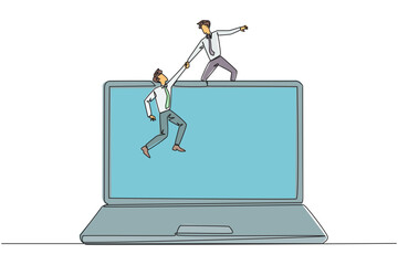 Wall Mural - Single one line drawing businessman helping colleague to climb a big laptop computer. Help create applications to develop business online. Great teamwork. Continuous line design graphic illustration