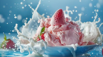 Wall Mural - Strawberries and milk splashes on wooden table on blue background. 3d render, for product presentation, product display, banner background