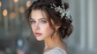 close up pretty woman wearing bridal floral bun hairstyle, Generative Ai