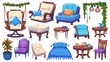 Furniture cartoon set for a patio or garden. Patio and backyard elements include chairs, swings, ottomans, tables with books and cups of tea, potted plants, curtains and garland.