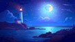 Coastal scene with lighting in night sea. Beacon on cliff above ocean water above full moon at night. Seascape harbor scenery with navigation building in Oregon. Navigation light rays.