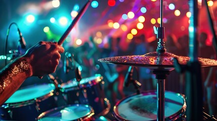 Wall Mural - A drummer captured mid-beat, sweat glistening under the stage lights, as the energy of their performance reverberates through the crowd at a high-energy music festival.