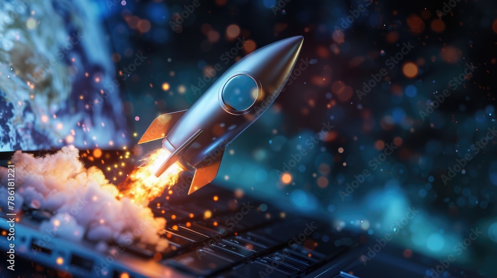Rocket launching from a laptop screen. Startup success, business ...