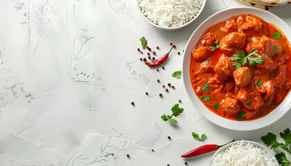 Wall Mural - butter chicken with indian rice on light background