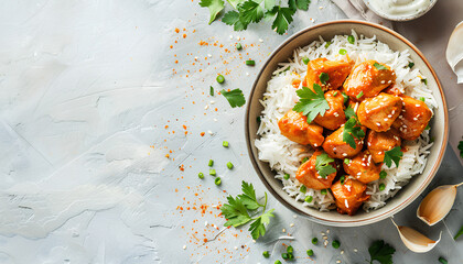 butter chicken with indian rice on light background