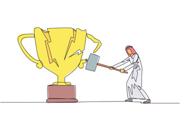 Wall Mural - Single continuous line drawing Arabian businessman preparing to hit big trophy. Rampage. Expressing mounting anger. Smashing the trophy with a sledgehammer. Failed. One line design vector illustration