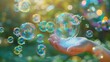 Portrait of kids hand playing with soap bubbles in garden with a big blurry space for text or product advertisement, Generative AI.