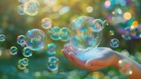 Fototapeta Konie - Portrait of kids hand playing with soap bubbles in garden with a big blurry space for text or product advertisement, Generative AI.