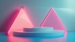 Product podium with decorative triangle neon elements in studio room interior with pastel blue walls and floor. Realistic 3D modern minimalist scene with goods showcase.