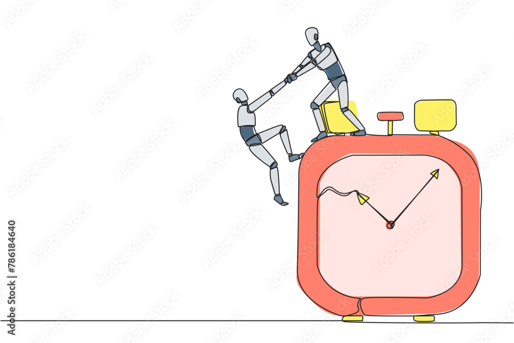 Continuous one line drawing smart robot helps colleague climb big alarm ...