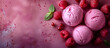 Raspberry ice cream dessert, gelato, sorbet. Sweet food. Pink icecream with berries. Top view, pink background.	
