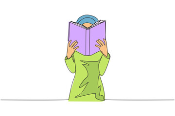 Wall Mural - Single continuous line drawing Arab woman seriously reading book until cover the face. Nervous when facing the final exams. Try to focus. Reading increase insight. One line design vector illustration