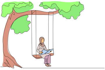Wall Mural - Single continuous line drawing Arabian woman sitting on swing under shady tree reading book. High enthusiasm for reading. Read anywhere. Reading increases insight. One line design vector illustration