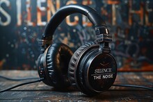 Striking close-up of premium noise-cancelling headphones inscribed with 'Silence the Noise', poised on a textured surface, encapsulated by a warm, ambient glow.