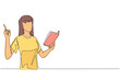 © Simple Line - Single continuous line drawing woman standing reading a book. Gesture gets the idea. Books can see from different points of view. Brilliant idea from reading book. One line design vector illustration