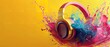 A headphone with colorful liquid color splashing against a yellow backdrop with a big space for text or product advertisement, Generative AI.