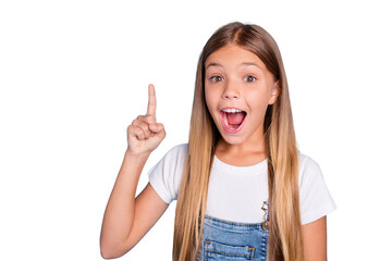 Sticker - Close-up portrait of her she nice cute lovely smart clever intelligent attractive funny straight-haired blonde pre-teen girl pointing up opened mouth isolated on blue pastel background