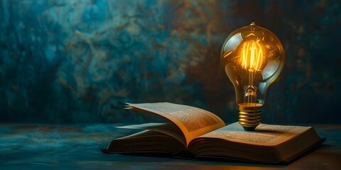 Canvas Print - Illuminating the Path of Knowledge A Symbolic Image of a Lit Bulb over an Open Book against a Mysterious Backdrop