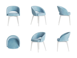 Wall Mural - Set of six views of a modern chair with a velvet light blue cover, and four white legs isolated on a transparent background. Front view, top view, two sides, two perspectives. 3d render