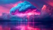 A vibrant pink and blue cloud formation with glowing pink precipitation over a calm reflective water surface