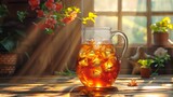 Fototapeta  - Rays of sunlight dance upon a pitcher of iced tea, evoking lazy afternoons and leisurely sips.