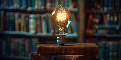 Canvas Print - Glowing Light Bulb Atop a Stack of Books Symbolizing the Enlightenment Through Education and Knowledge Acquisition