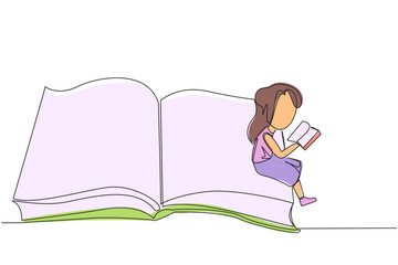 Wall Mural - Single continuous line drawing serious girl sitting on the edge of a large open book. Study before exam time arrives. Read textbooks with focus. Reading is fun. One line design vector illustration
