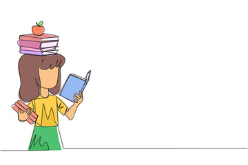 Wall Mural - Single continuous line drawing girl read book practicing balance. Stack books on top of head along with the apple. Balancing reading rhythm, train focus. Love read. One line design vector illustration