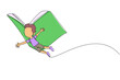 Continuous one line drawing boy flying with wings that come from an open big book. The metaphor carries over with the storyline. Constructive fantasy. Single line draw design vector illustration