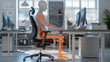 A digital illustration of a human skeleton sitting at a desk, highlighting the right posture.