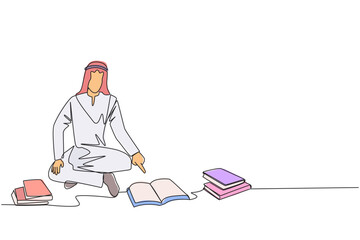 Wall Mural - Single one line drawing Arabian man reading the books happily. Good reading interest. Really enjoy reading story books. Reading everywhere. Book festival concept. Continuous line graphic illustration