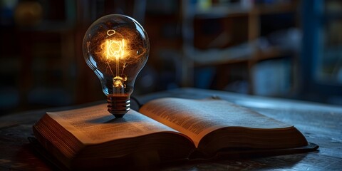 Canvas Print - Illuminating Knowledge A Glowing Lightbulb on an Open Book Symbolizing the Power of Learning